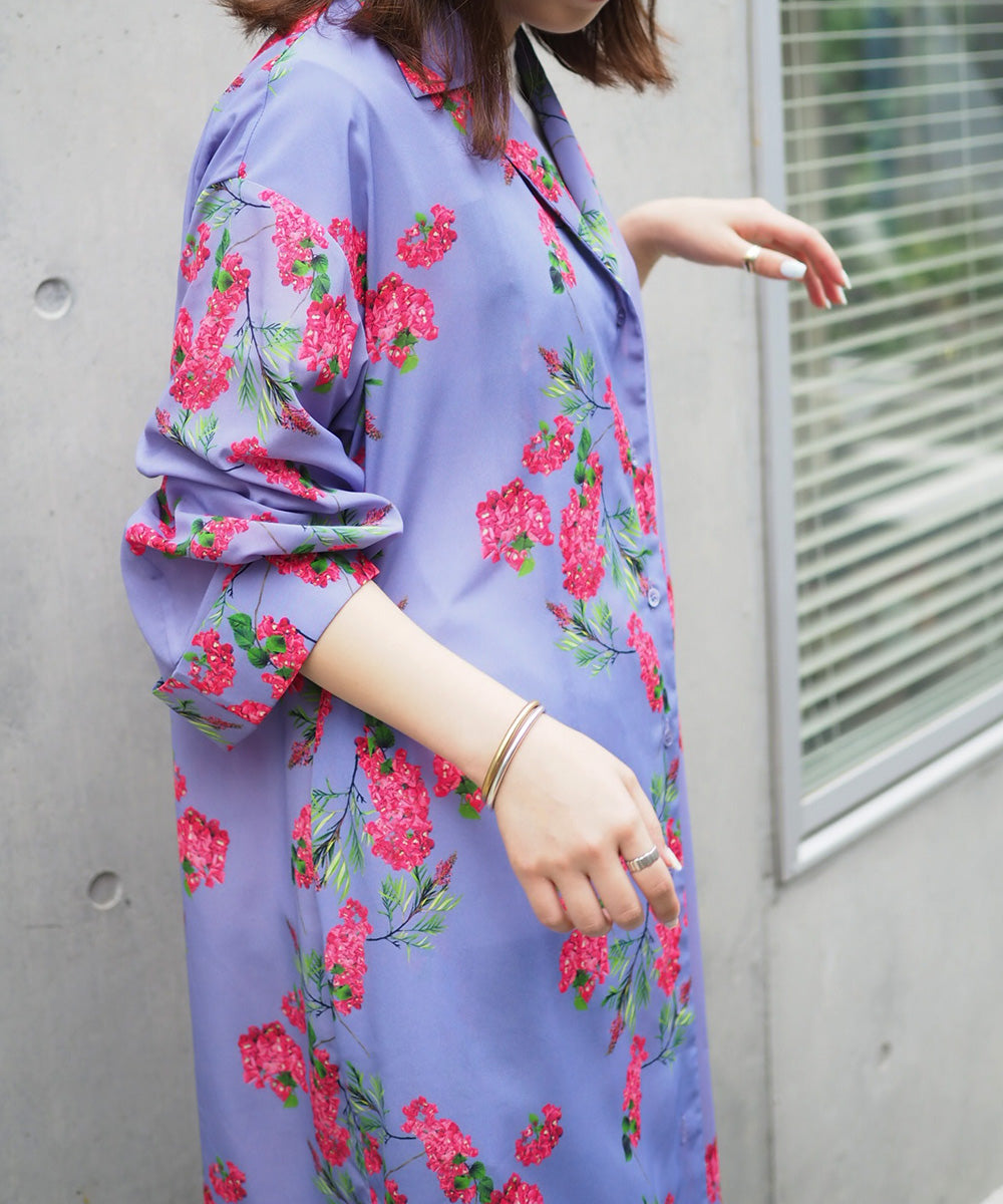 Flower Printed Gather Shirt Dress